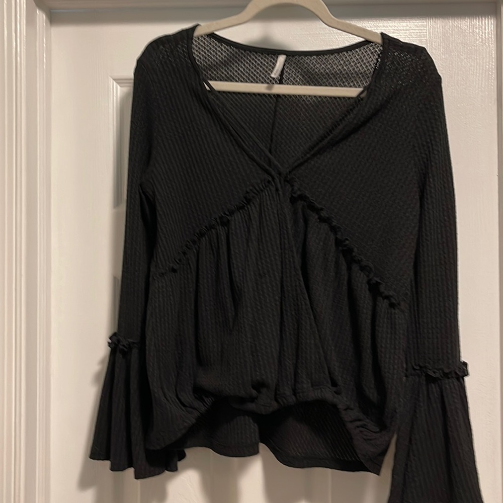 Sage black ruffled wrap top with bell sleeves and cutout in front size M